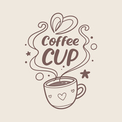 Cute Coffee Cup Illustration T-Shirt Design with Steam Forming Words, Cozy Pastel Colors, and Modern Hand-Drawn Typography