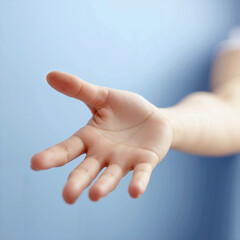 a woman's hand and arm reaching out from the left on an empty, fresh blue background, with soft lighting and minimal shadows, creating ample copy space to symbolize support and help