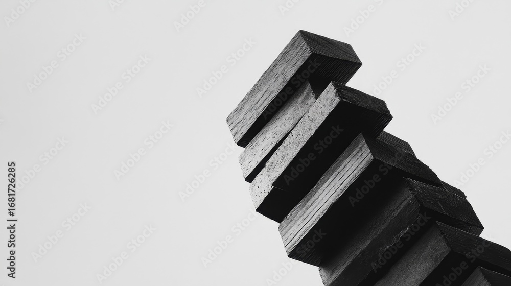 Poster leaning jenga tower blocks indoor game setup close-up shot minimalist background dynamic viewpoint t