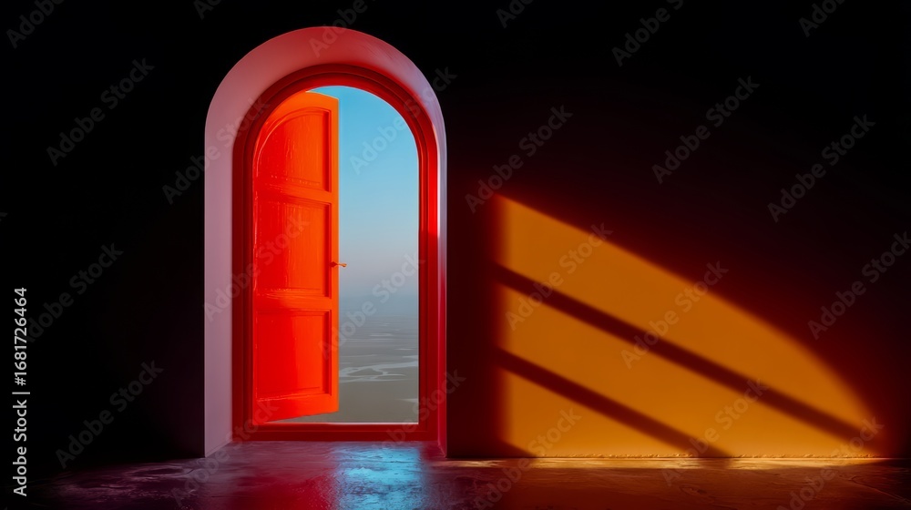 Poster red door is open in a room with a window. the light coming in through the window casts a shadow on t