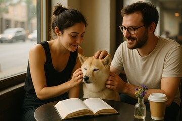 Shiba Inu with Two People in Cozy Caf&eacute; Setting Featuring Coffee Cup, Open Book, and Purple Flowers