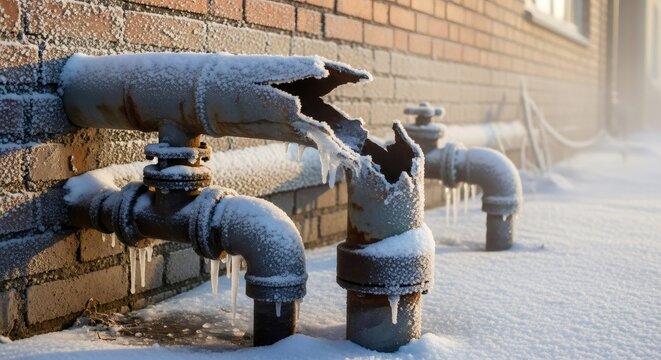 Broken water pipe covered with ice during cold winter. Plumbing system damaged from frost. Municipal communications issue.