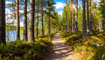 Fototapeta premium A sun-drenched forest path winds alongside a tranquil lake, bathed in soft sunlight.