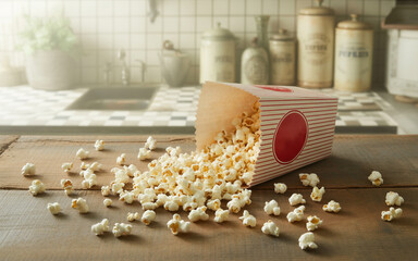 Enjoy classic movie night at home with freshly popped popcorn spilling from a striped box on a rustic table