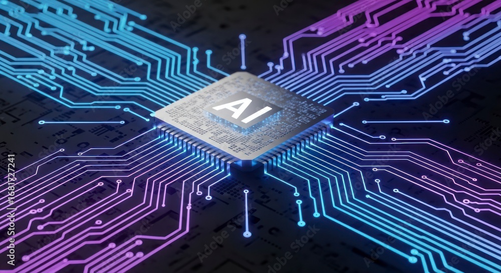 Poster a detailed close-up view of a modern circuit board, highlighting a central artificial intelligence p