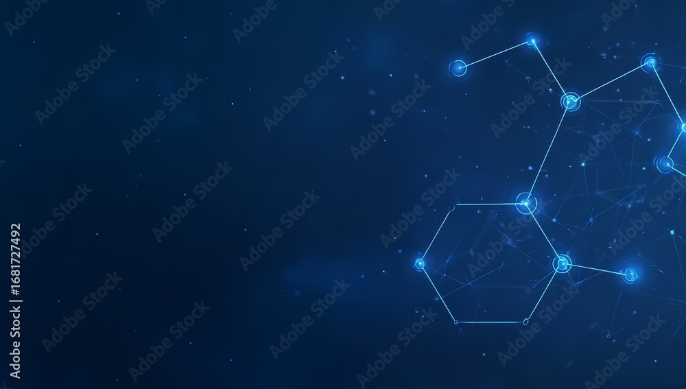 Poster blue background with a lot of dots and lines. the dots and lines are connected to each other in a pa