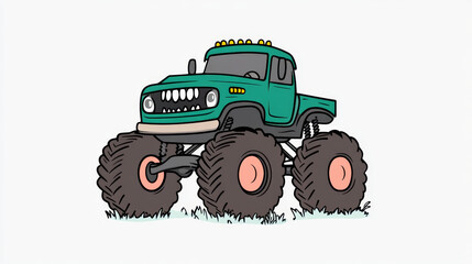 Green cartoon monster truck illustration with big wheels. Fun playful vehicle on a white background stands on grass.