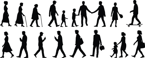 Human silhouettes, diverse people, walking, interacting, children, elderly, urban lifestyle, black figures, white background, social behavior, everyday activity
