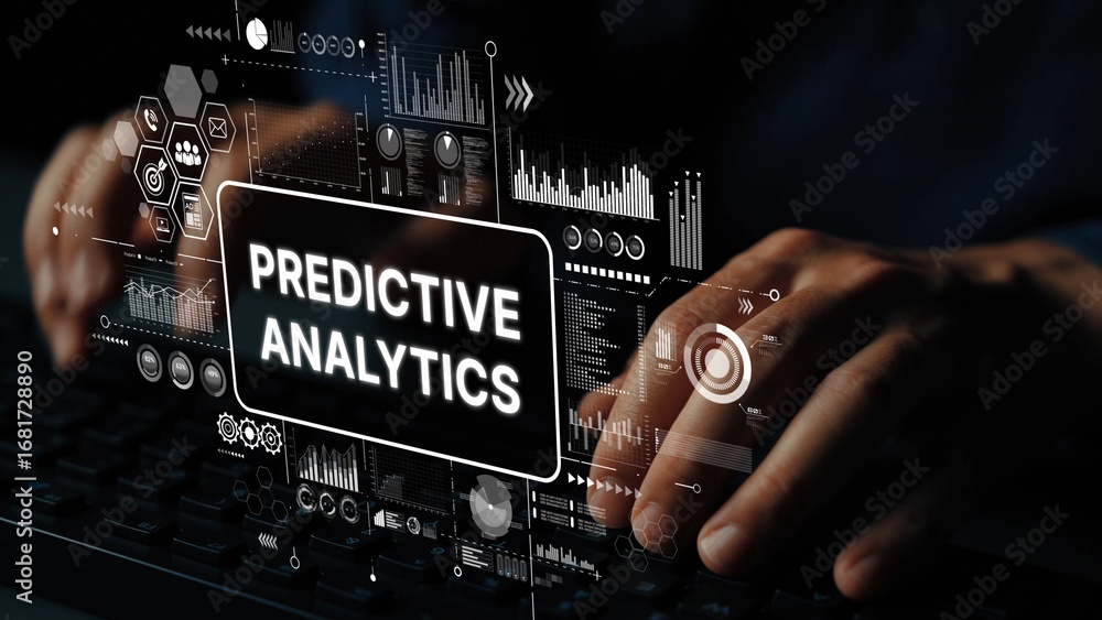 Poster hands typing on keyboard with digital display of predictive analytics data and graphs for business i