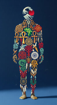 A Stylized Human Figure Made of Interconnected Cultural Symbols