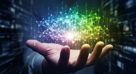 A network graphic floats in the air above a person's open hand, composed of luminous lines and dots, against a backdrop of server racks.