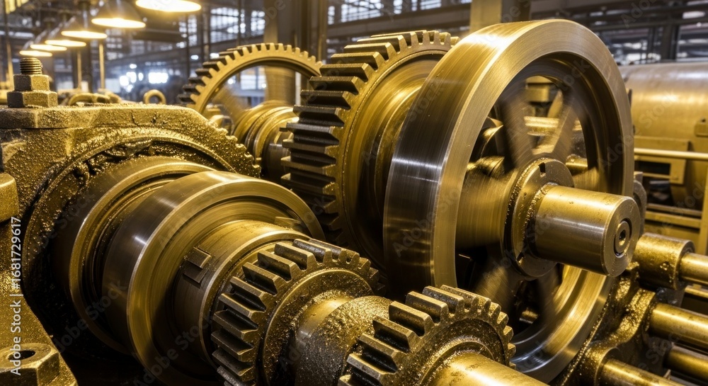 Aufkleber close-up view of intricate gears and machinery components in a factory setting. the golden tones and