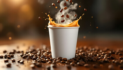 Aromatic Splash Coffee Beans Bursting into a Cup of Hot Coffee