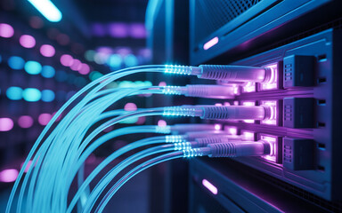 Modern server room with glowing fiber optic cables providing high speed data transmission network solutions