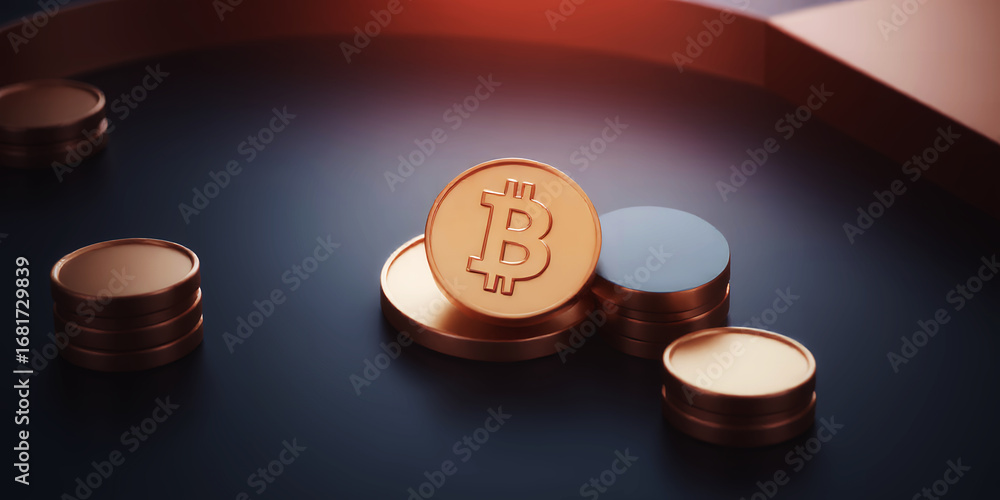 Aufkleber a close up of several golden bitcoin coins on a dark surface in a studio setting scene