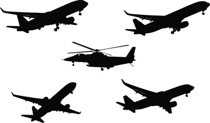 Silhouettes of commercial airplanes and military helicopter flying in different directions, aviation vector illustration for transport and travel design
