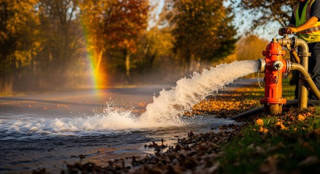 Worker performing hydro flushing of fire hydrant in autumn next to road. Water gushing out. Municipal water supply system.