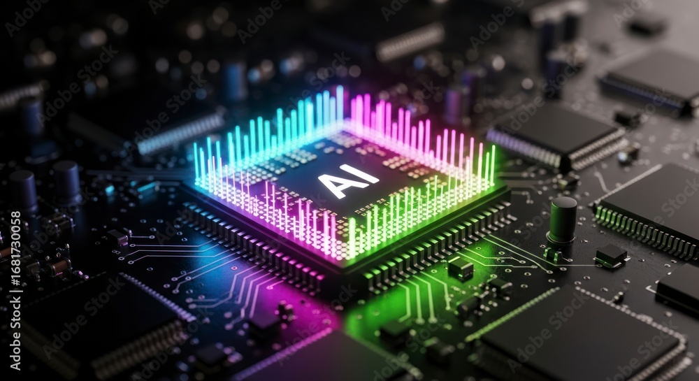 Poster a modern circuit board showcases a central processing unit, highlighted with vibrant colorful graphi