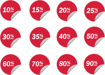 Discount percentage icons in red and white on a plain background