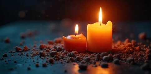 Close-up of flickering candle flames, soft light illuminating a chaotic arrangement of scattered objects, suggesting stress and anxiety relief , emotion, home, fragrance