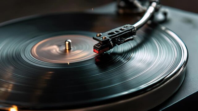 Video background of a record player with a spinning record at the end of the record. Nostalgic concept of music.