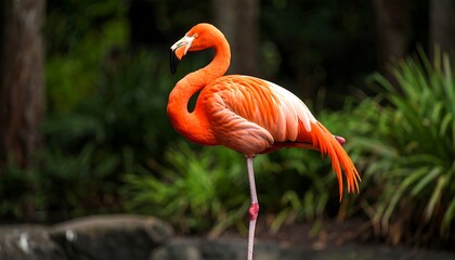 Vibrant orange flamingo standing on one leg, lush green background