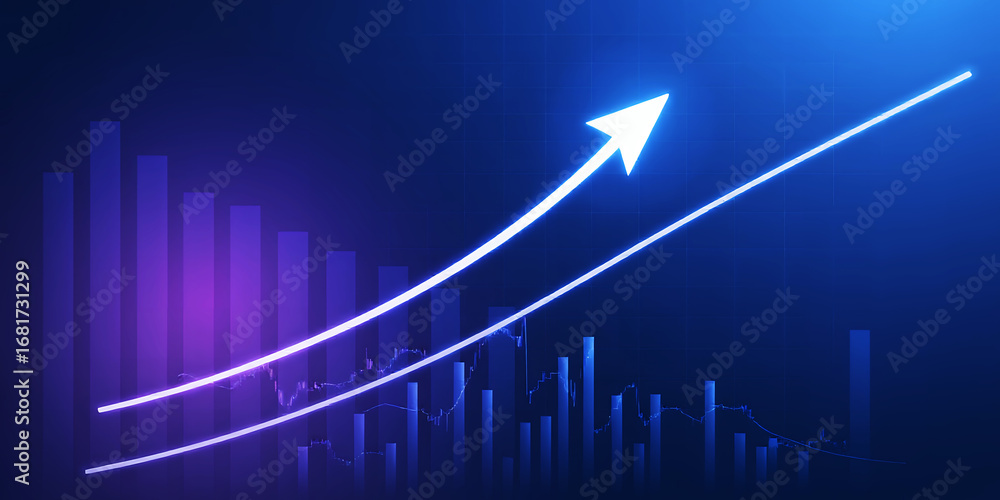 Poster a glowing arrow pointing upwards over a bar graph on a dark blue and purple background image