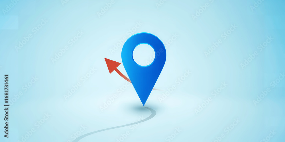 Poster a blue map pin with a red arrow pointing away from it on a light blue gradient background