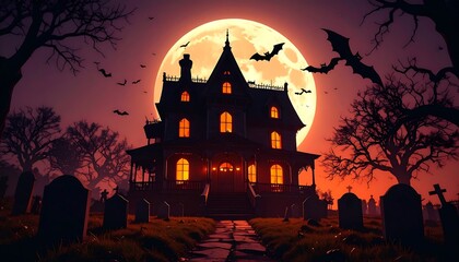 A large, gothic-style house stands silhouetted against a full, orange moon, casting a spooky ambiance over a graveyard at night.