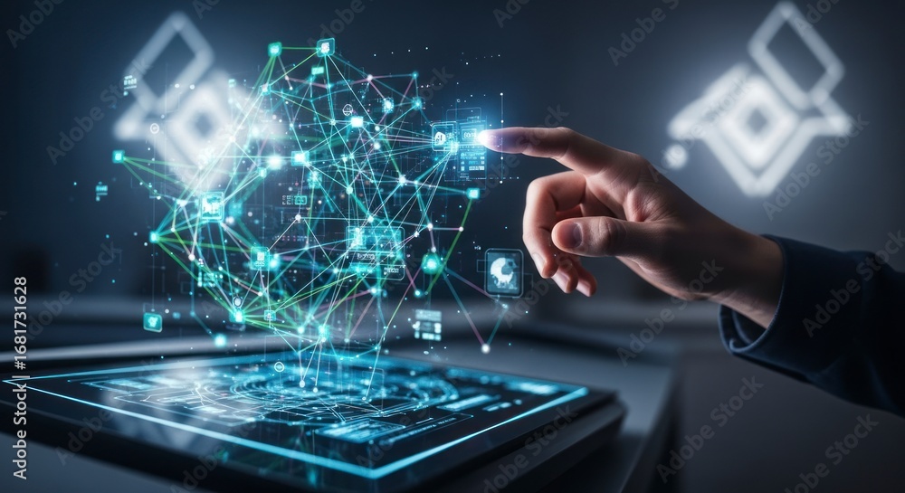 Poster a hand interacts with a holographic network display, showcasing interconnected data points in a futu
