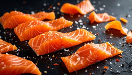 Fresh salmon fillets, seasoned with salt and pepper, are artfully arranged on a dark surface.