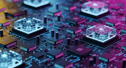 Obraz premium Complex circuit board with luminous processors, showcasing intricate technological design.