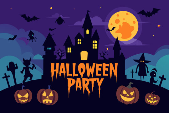 Spooky halloween party scene with castle and pumpkins