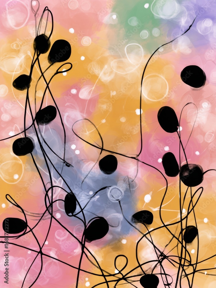 Poster abstract representation of sperm cells on a vibrant background with soft colors and fluid forms capt