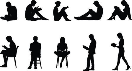Reading People Silhouettes, Black Vector Icons, Sitting and Standing Poses, Book Lovers, Education Concept, Leisure Activity, Isolated, Graphic Design