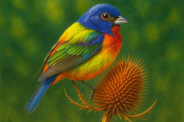 Obraz premium Vibrant painted bunting perched on a thistle bloom captivating nature's palette