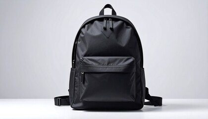 A simple, stylish black backpack, featuring practical design elements, sits prominently against a neutral backdrop.