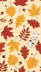 Autumn Fall Leaves Seamless Pattern with Acorns and Birch Bark Texture