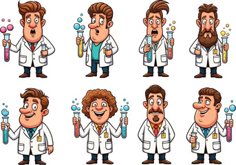 Vector cartoon set of diverse male scientists holding bubbling test tubes with various expressions, perfect for science and research themes.