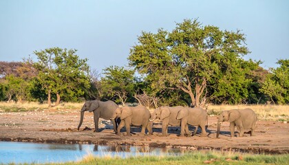 Naklejka premium Herd of Elephants Gathered at a Watering Hole in the African Savannah.