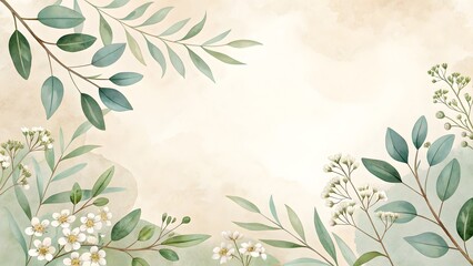 "Minimalist Floral Background with Green Leaves and White Flowers"