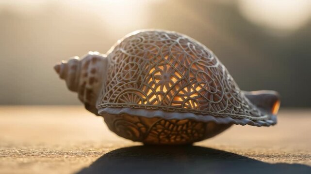 Ornate shell detail with intricate pattern, bright interior and golden light creating pattern on surface, decoration, and design. Interior glows in the light.