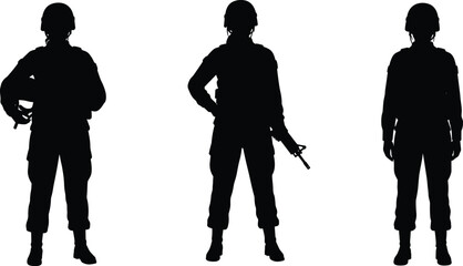 A black and white illustration of three soldier silhouettes in full military gear, standing in different, ready poses.