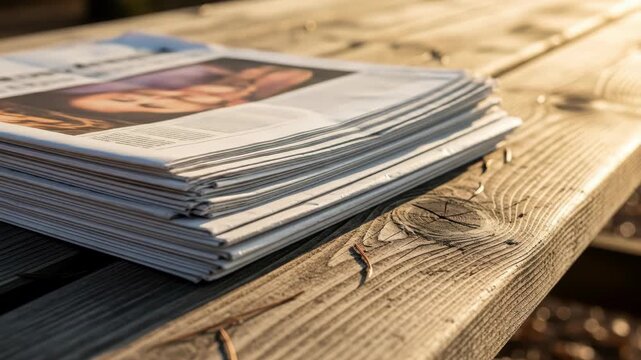 Morning breeze flipping through newspapers on rustic wooden table