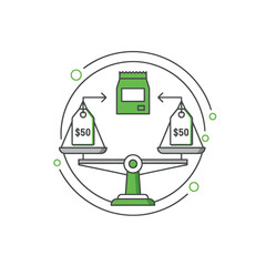 Price comparison concept with weighing scale and money, Balancing price and product concept for business decisions and value perception illustration, 