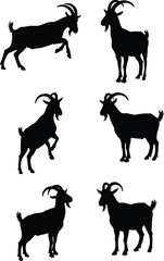 Various goat silhouettes in black, showing different poses and movements, ideal for farm animal or wildlife-themed designs.