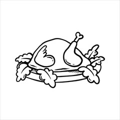 Thanksgiving roasted turkey Hand Drawn Cartoon Lineart Style