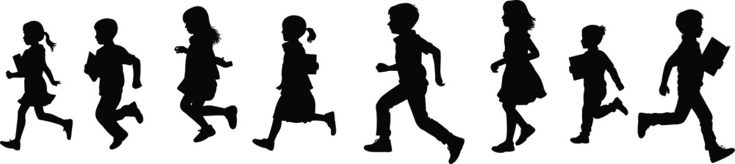 Running Children Silhouettes, School Kids, Black Vector Icons, Motion Poses, Childhood Activity, Education Concept, Isolated, Graphic Design Elements