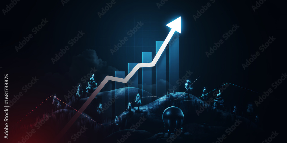 Aufkleber an upward trending arrow and bar graph against a dark background with trees and a sphere