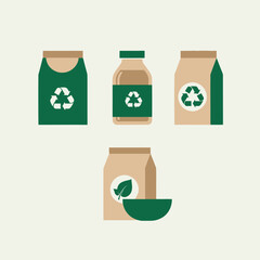 Sustainability-Themed Illustration with Recycling and Leaf Symbols on Packaging, Eco-Friendly Packaging Design with Green and Brown Tones on a Light Beige Background